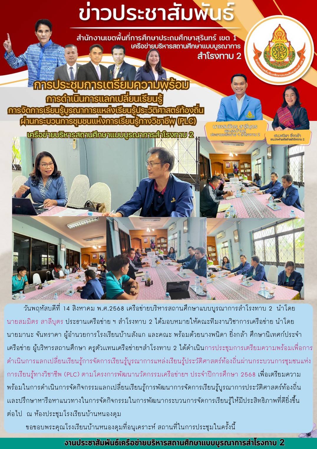 การประชุมการเตรียมความพร้อมการดำเนินการแลกเปลี่ยนเรียนรู้การจัดการเรียนรู้บูรณาการแหล่งเรียนรู้ประวัติศาสตร์ท้องถิ่นผ่านกระบวนการชมชนแห่งการเรียนรู้ทางวิชาชีพ PLC