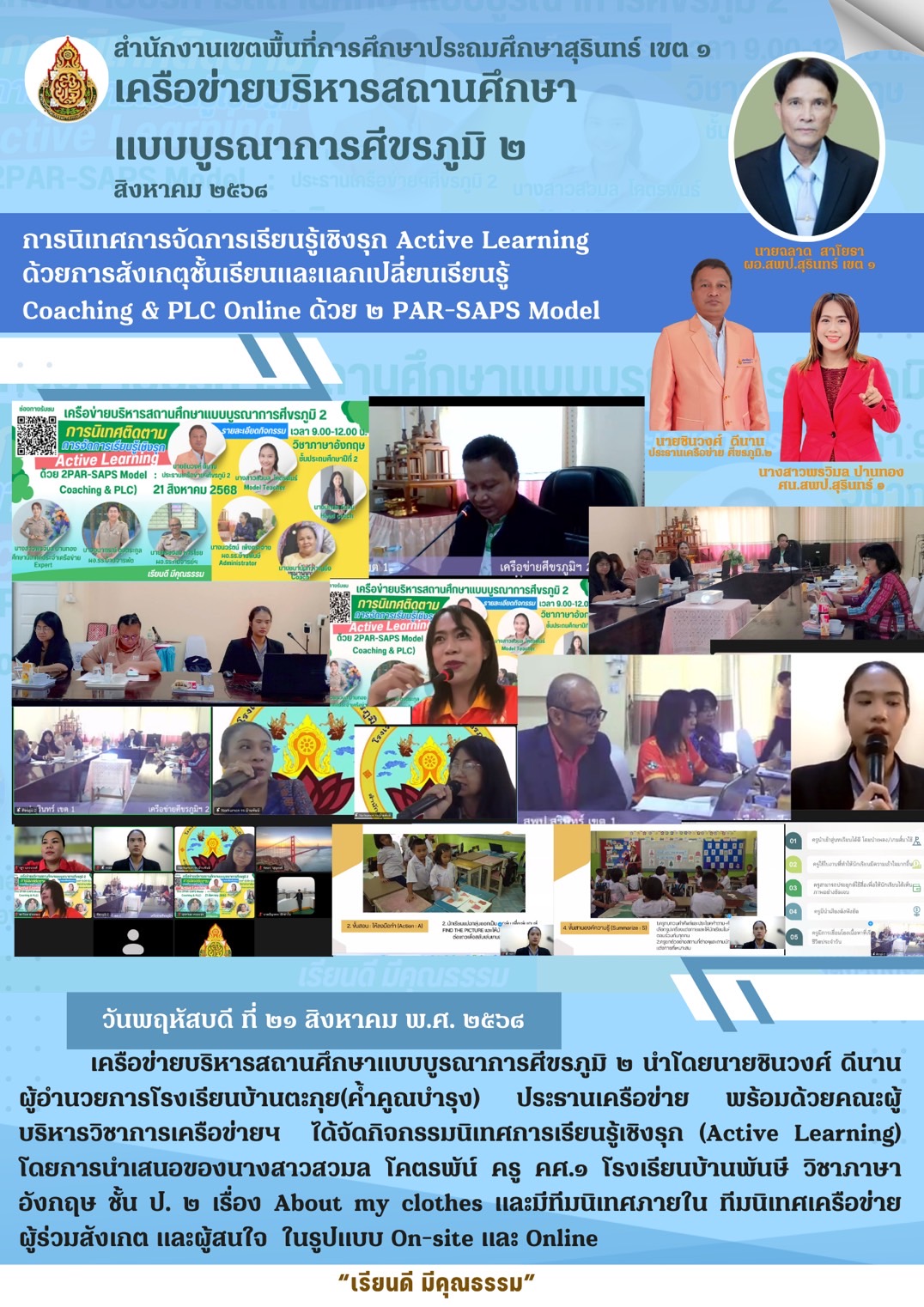 การนิเทศการจัดการเรียนรู้เชิงรุก Active Learning ด้วยการสังเกตชั้นเรียนและแลกเปลี่ยนเรียนรู้ Coaching & PLC ด้วย 2 PAR-SAPS Model